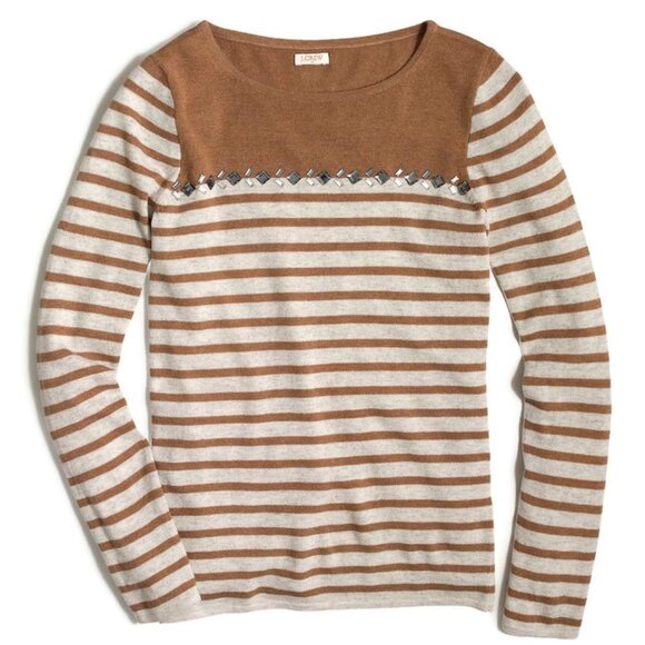 J Crew Factory Breton Tan Cream Stripe Long Sleeve Embellished Sweater Womens XL - Picture 9 of 10
